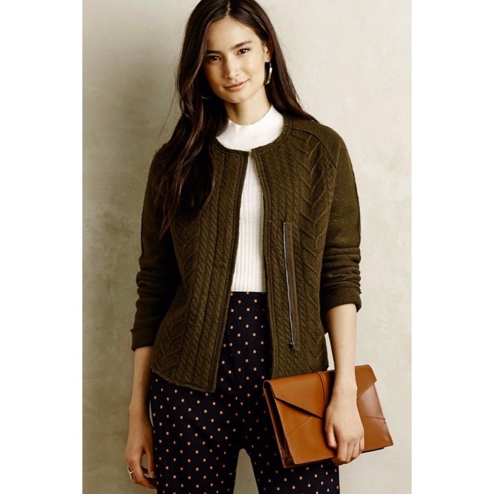 Anthropologie KNITTED & KNOTTED Green Wool Zippered Cable Knit Cardigan Medium